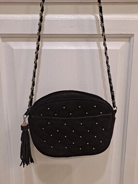 Express Vintage Black Quilted Suede Gold Studded Crossbody Bag with Tassel
